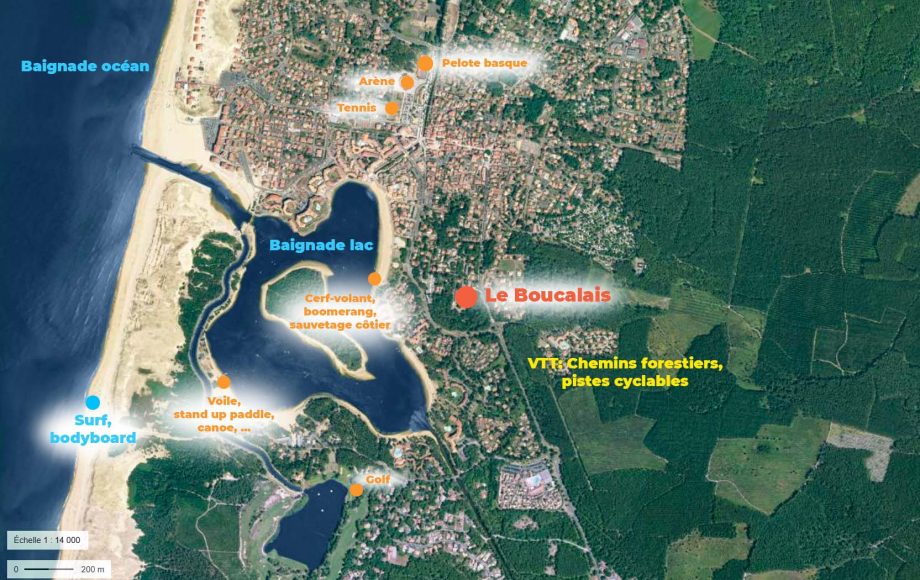 Vue aérienne de Vieux-Boucau vue aérienne de vieux boucau, avec les emplacements du centre et des activités